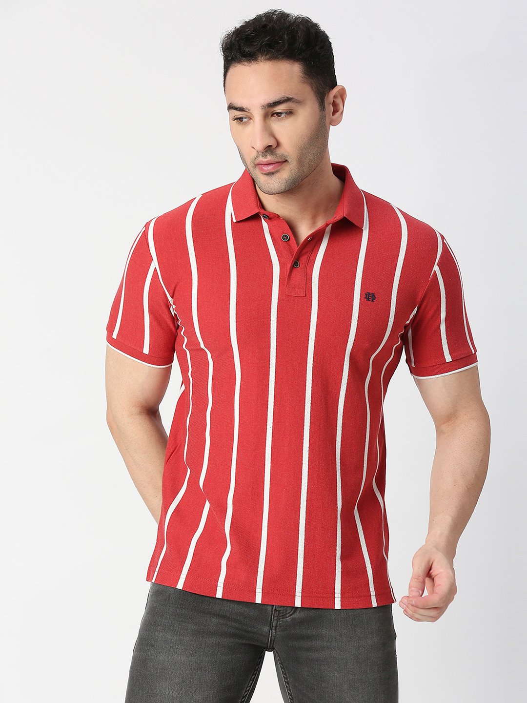 Red Melange Vertical Striped Pique Polo by Dragon Hill