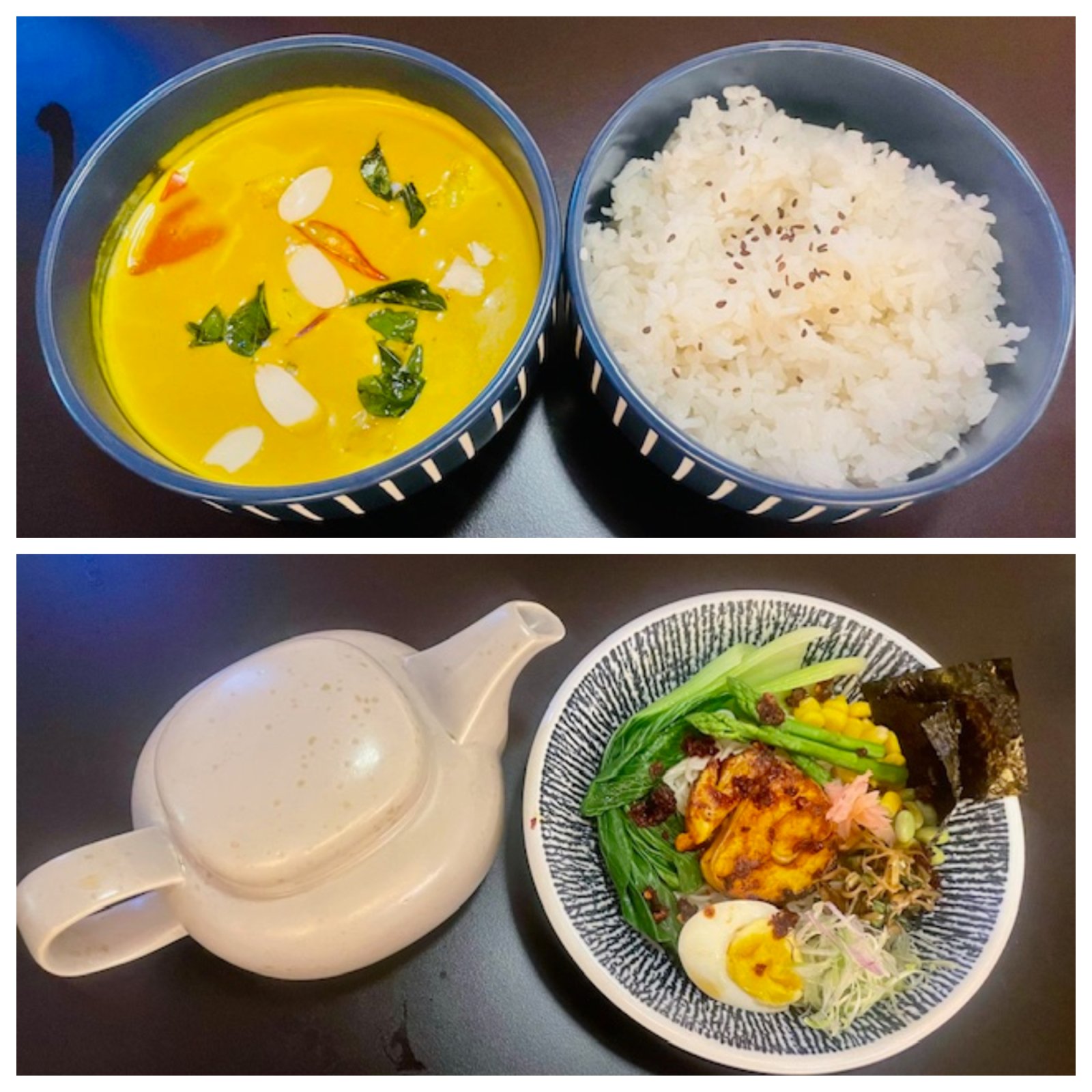 (Top) Euro Asian Prawns curry and Jasmine rice; (Bottom) Chicken Chashu Bok Choy Ajitama & Burn