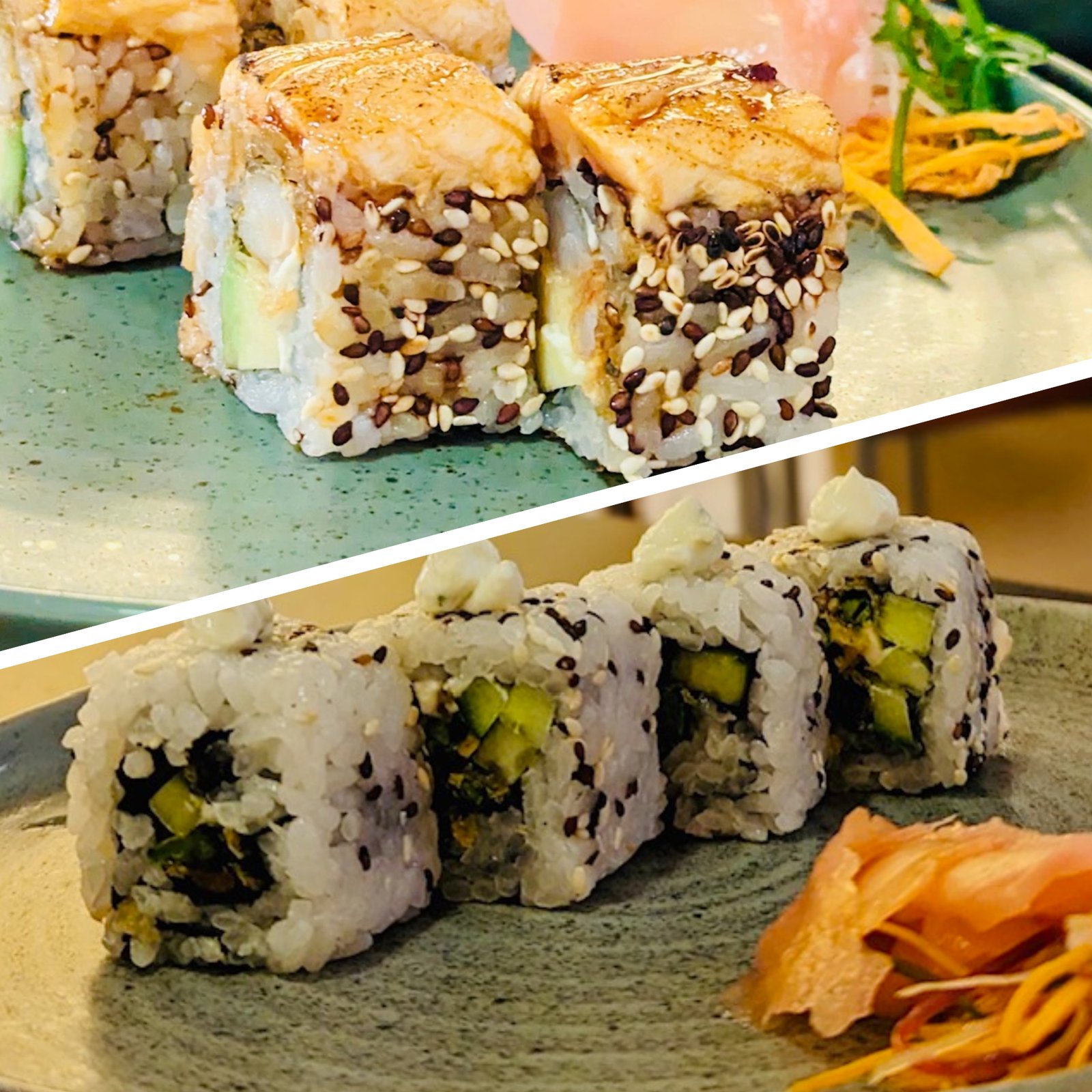 (Top) Shrimp & Salmon Nikkeo Uramakki; (Bottom) Asparagus & Truffle Uramakki