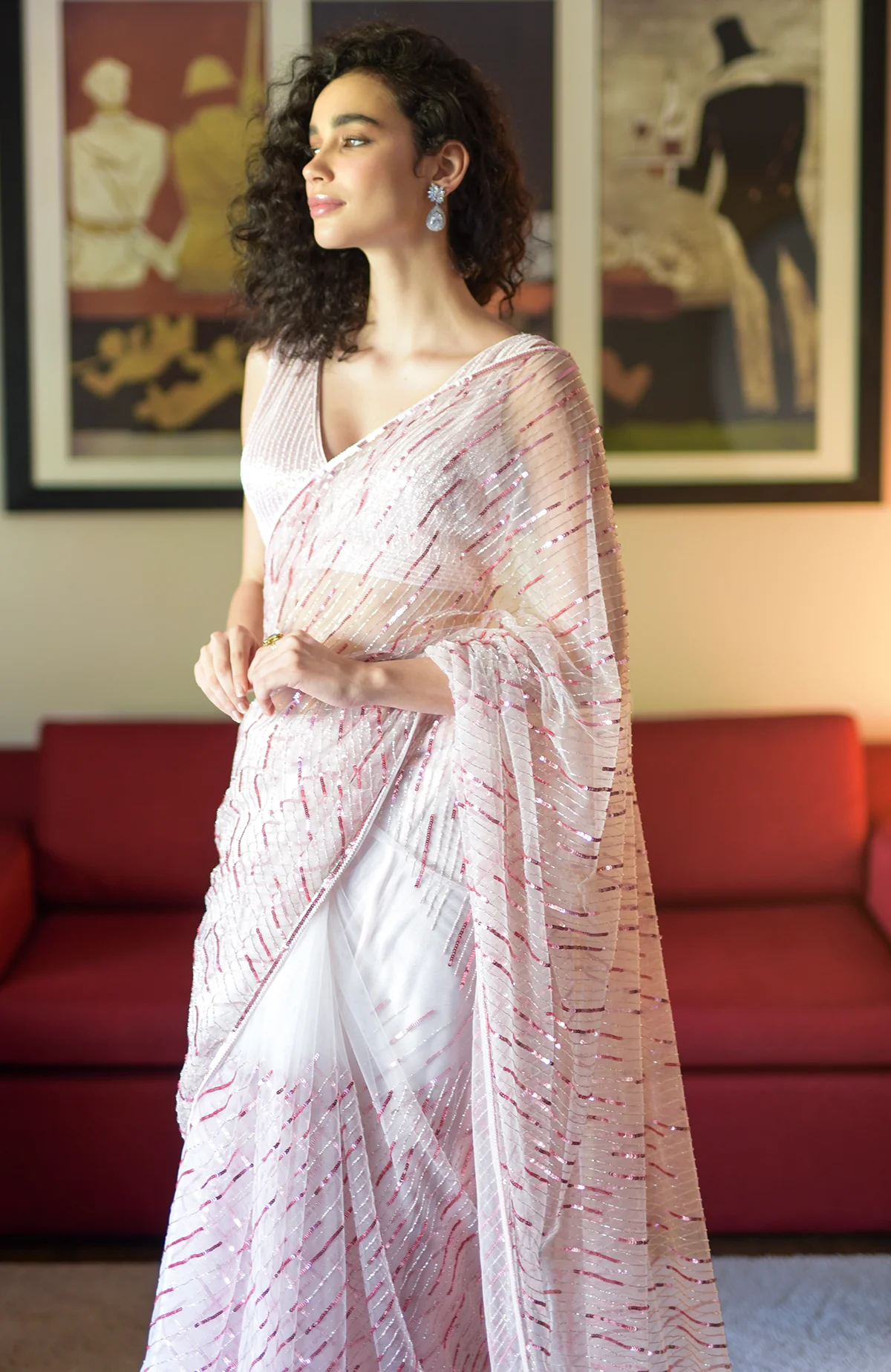 Pink Shower Sequin & Beads Hand Embroidered Saree by Talking Threads