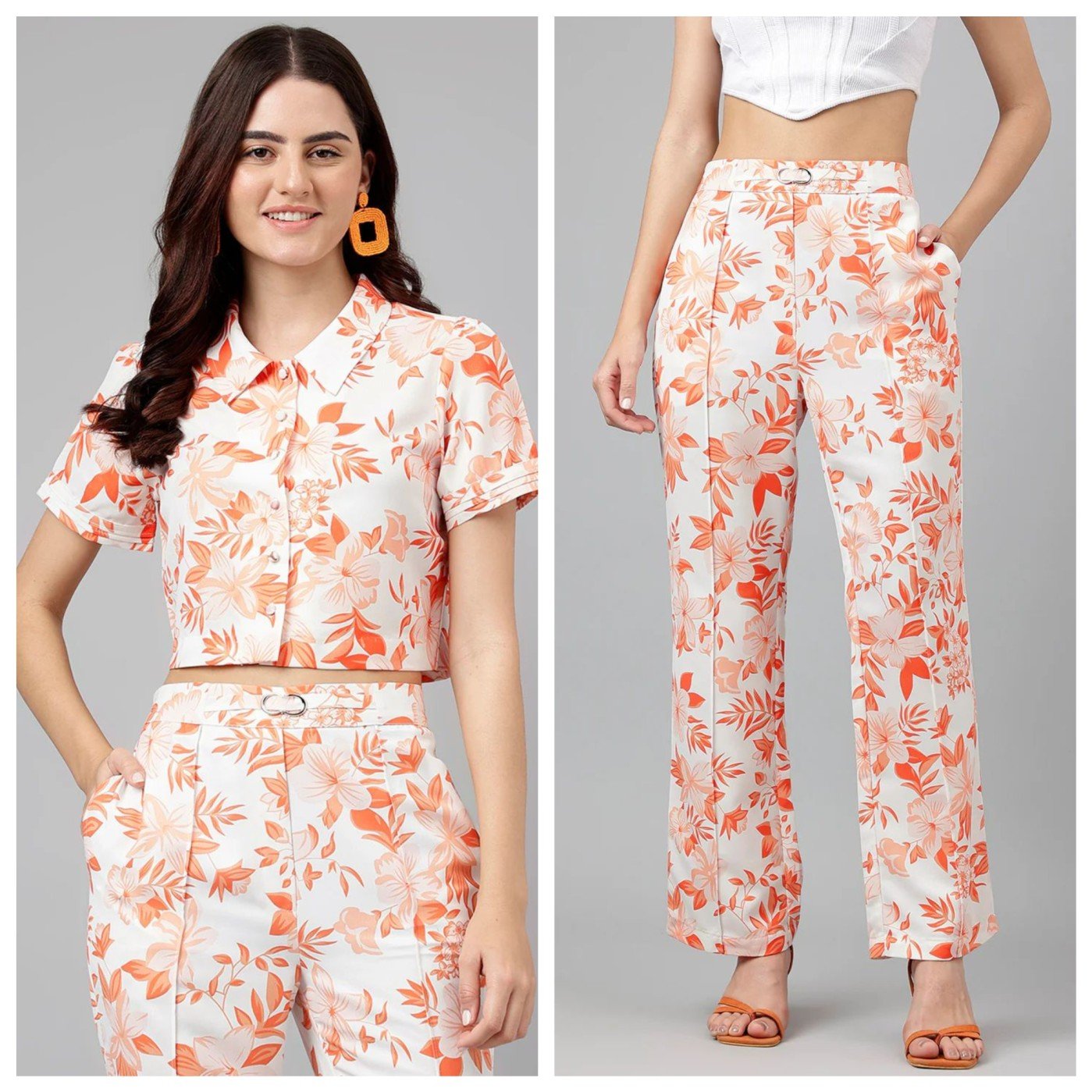 Full length floral print casual pants with printed blouse from Latin Quarters