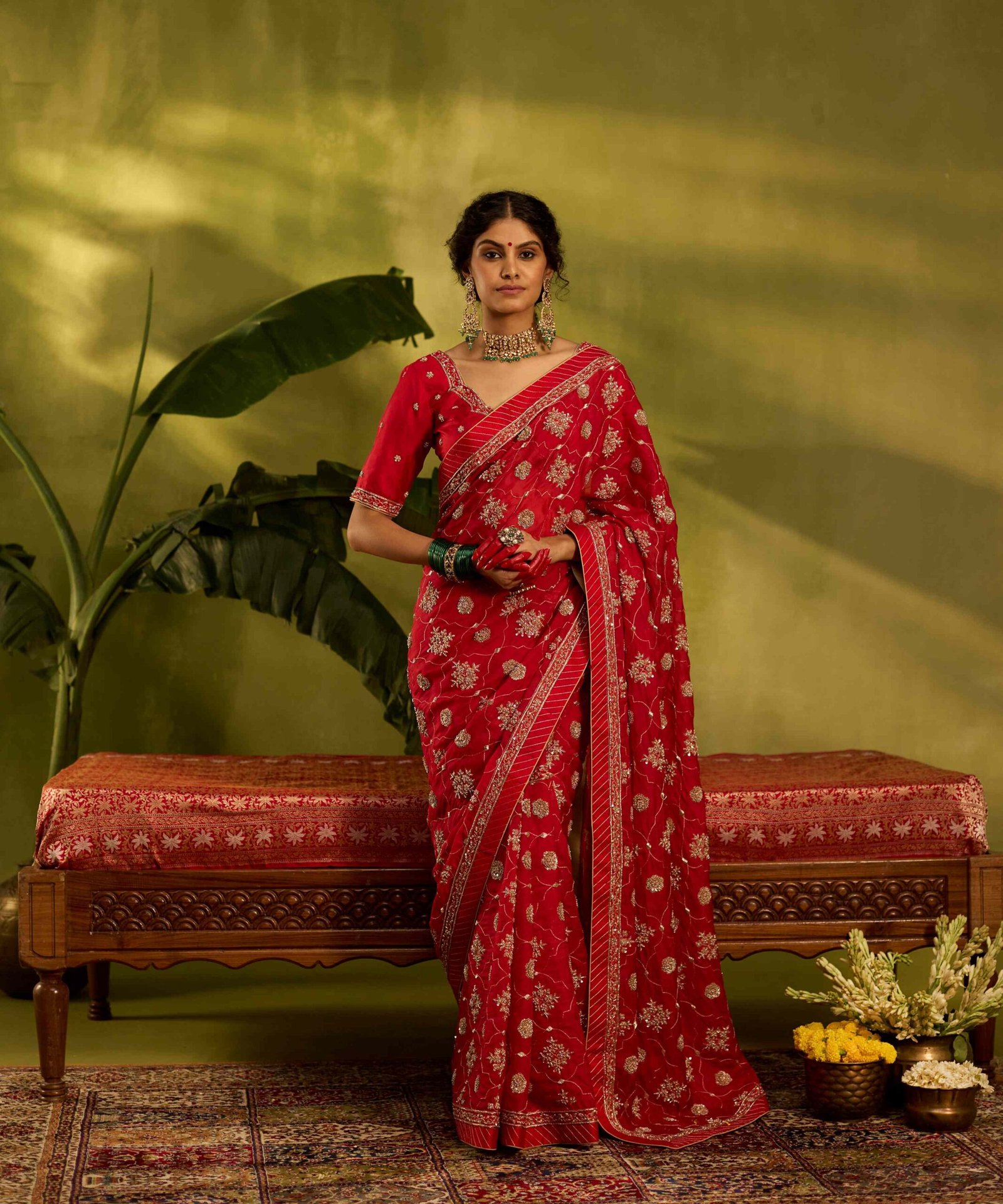 Handloom Red Pure Organza Palla Jaal Hand Embroidered Saree with Zardozi work by Weaver Story