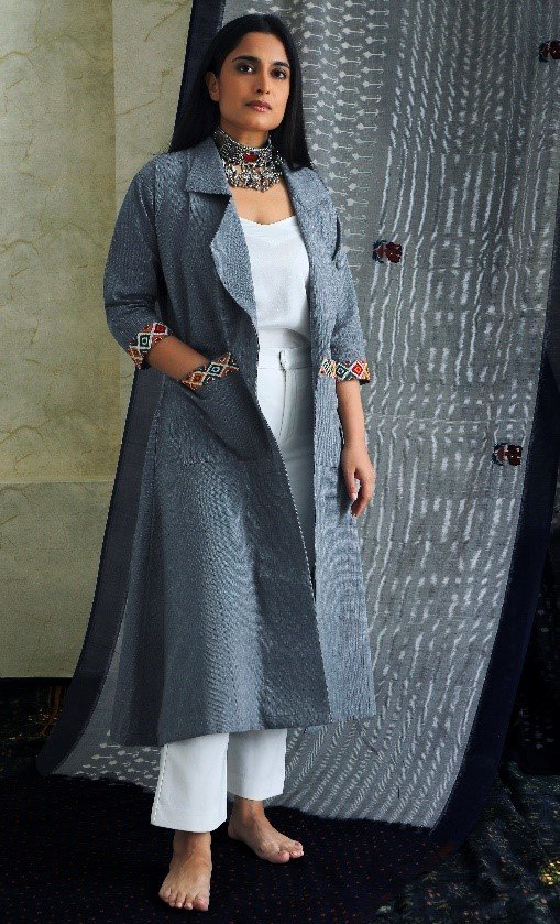 Trench coat style long jacket with fine Lambani embroidery on the packet by Banjara Kasuti