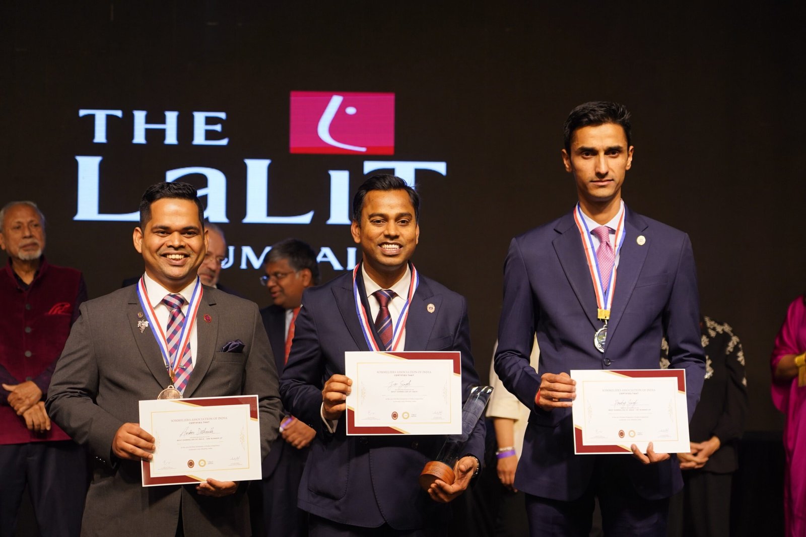 L to R: Amber Deshmukh (3rd Runner up); Jai Singh (Winner of 2025 SAI Best Sommelier of India); Pankaj Singh (2nd Runner up)