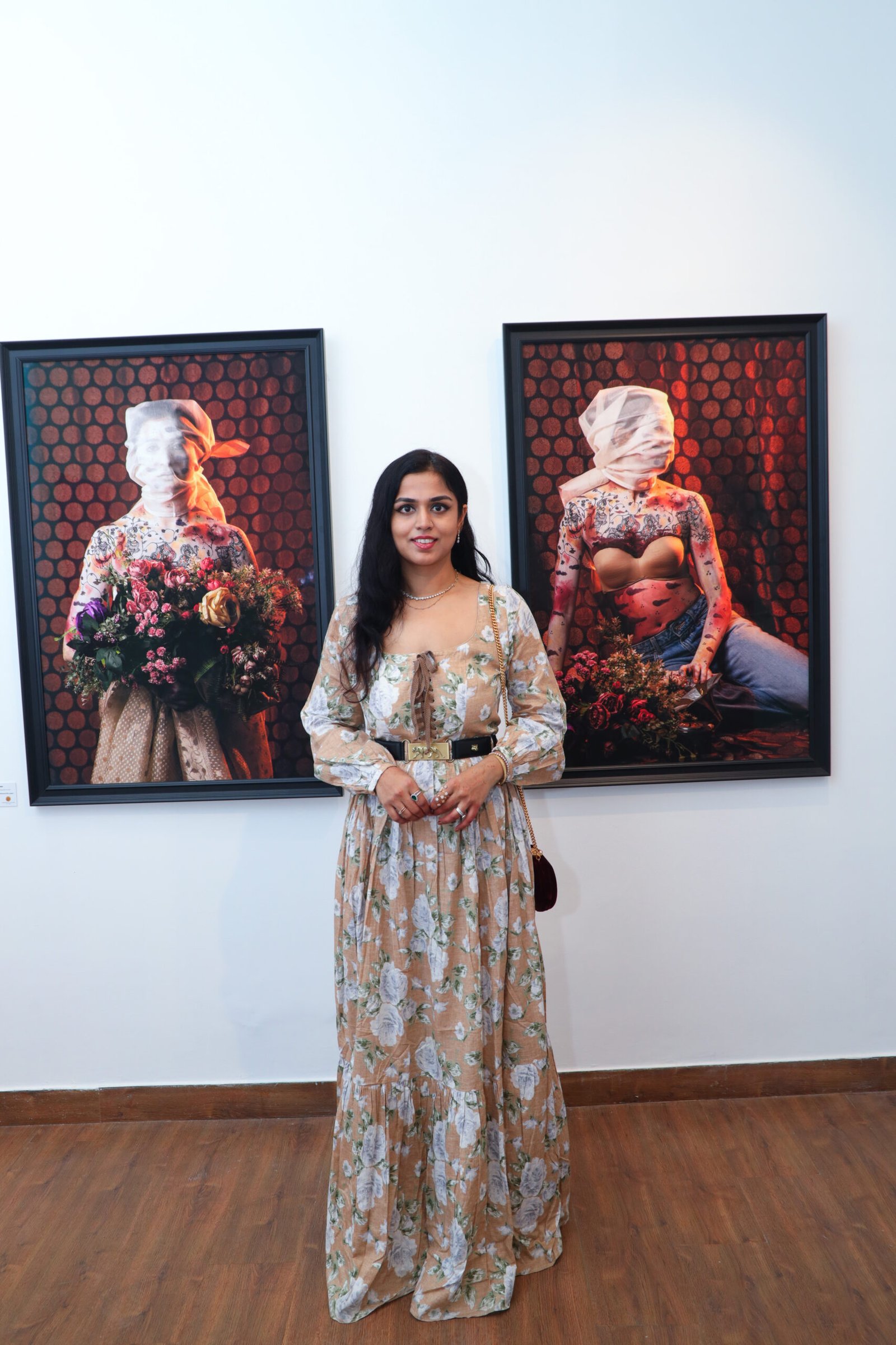 Artist Abhijna Vemuru Kasa with her work at Dhoomimal Gallery