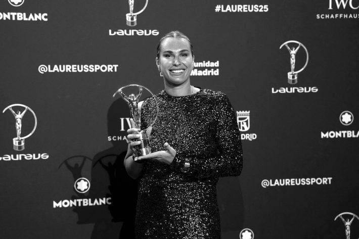 MADRID, SPAIN - APRIL 20: (EDITORS NOTE: Image has been converted to black and white.) Belarusian tennis player Aryna Sabalenka poses with the Laureus World Sportswoman of the Year award during the Laureus World Sports Awards Madrid 2026 Winners Walk on April 20, 2026 in Madrid, Spain. (Photo by Angel Martinez/Getty Images for Laureus)