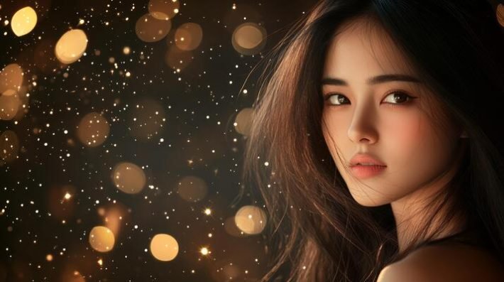 captivating-beauty-shines-with-radiant-hair-surrounded-by-shimmering-lights-photo